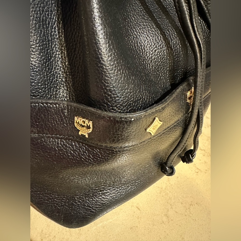 MCM Black Leather Drawstring Shoulder Bag